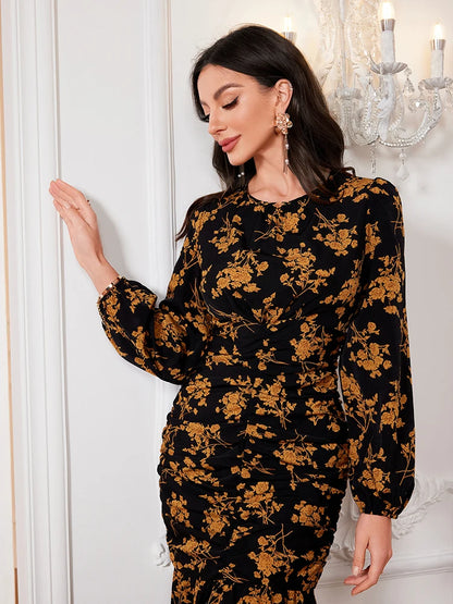 LVSANW Women Dress Fashion Black Elegant Ladies Floral Dress New Autumn Long Sleeve O-Neck Fold Long Dresses For Women New Arrival 2024