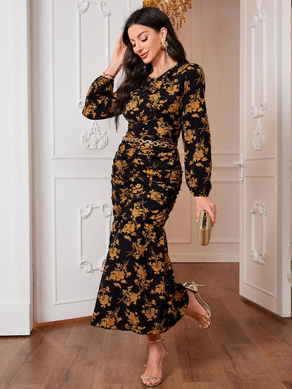 LVSANW Women Dress Fashion Black Elegant Ladies Floral Dress New Autumn Long Sleeve O-Neck Fold Long Dresses For Women New Arrival 2024