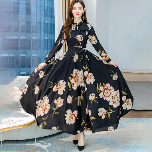 LVSANW Women Dress Temperament Loose Hem Tight Waist Ladies Dress Flower Print Lace Up Dress-up Long Sleeves Banquet Dress For Party