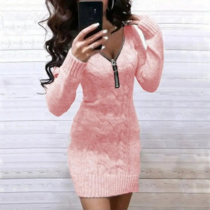 LVSANW Women Dress Twist V Neck Long Sleeve Knitted Mini Dress 2025 Autumn Winter Solid Color Zipper Hip Wrap Bodycon Sweater Dress