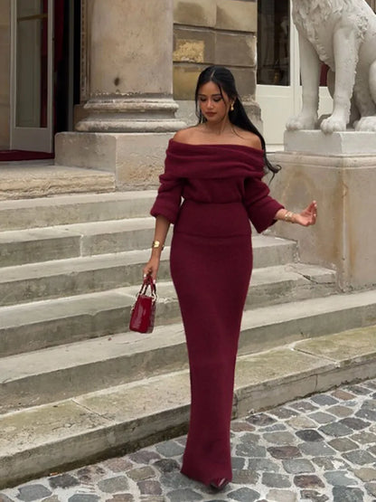 LVSANW Women Elegant Burgundy Color Off Shoulder Knitted Dress Chic Long Sleeve Waist Up Warm Vestidos 2025 Lady New Party Evening Robe