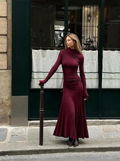 LVSANW Women Elegant Burgundy Color Off Shoulder Knitted Dress Chic Long Sleeve Waist Up Warm Vestidos 2025 Lady New Party Evening Robe