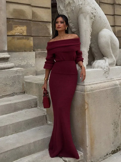 LVSANW Women Elegant Burgundy Color Off Shoulder Knitted Dress Chic Long Sleeve Waist Up Warm Vestidos 2025 Lady New Party Evening Robe