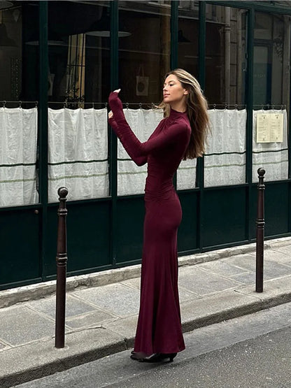 LVSANW Women Elegant Burgundy Color Off Shoulder Knitted Dress Chic Long Sleeve Waist Up Warm Vestidos 2025 Lady New Party Evening Robe