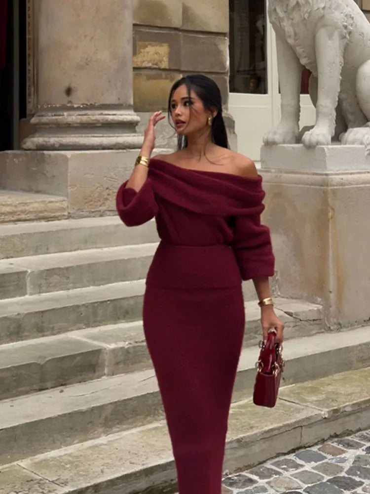 LVSANW Women Elegant Burgundy Color Off Shoulder Knitted Dress Chic Long Sleeve Waist Up Warm Vestidos 2025 Lady New Party Evening Robe