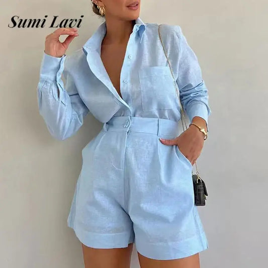 LVSANW Women Elegant Lapel Button Shirt Set Casual Long Sleeve Blouse & Short Pant Outfits Office Fashion Commuter Loose Solid 2Pc Suit