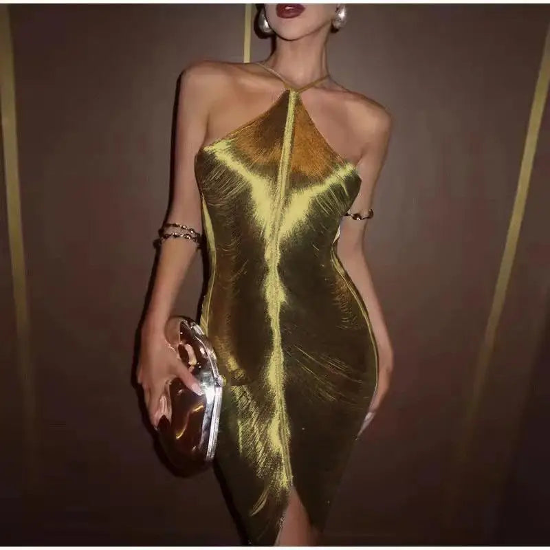 LVSANW Women Elegant Shinny Metallic Halter Midi Dress Female Sleeveless Backless Bodycorn Long Vestidos Lady Party Club Evening Robes