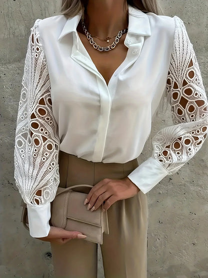 LVSANW Women Elegant Solid Chiffon Blouse Spring Summer Casual Long Sleeve V Neck Loose Shirt Office Lady Tunics Oversized Tops2024