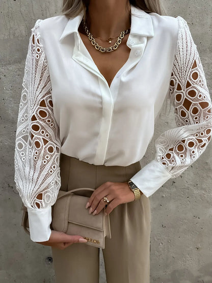 LVSANW Women Elegant Solid Chiffon Blouse Spring Summer Casual Long Sleeve V Neck Loose Shirt Office Lady Tunics Oversized Tops2024