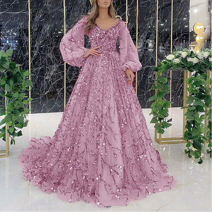 LVSANW Women Evening Dress Shiny Sequin Beading Padded Floor Length Mesh Double-layered Cocktail Party Long Dress Formal Prom Gown