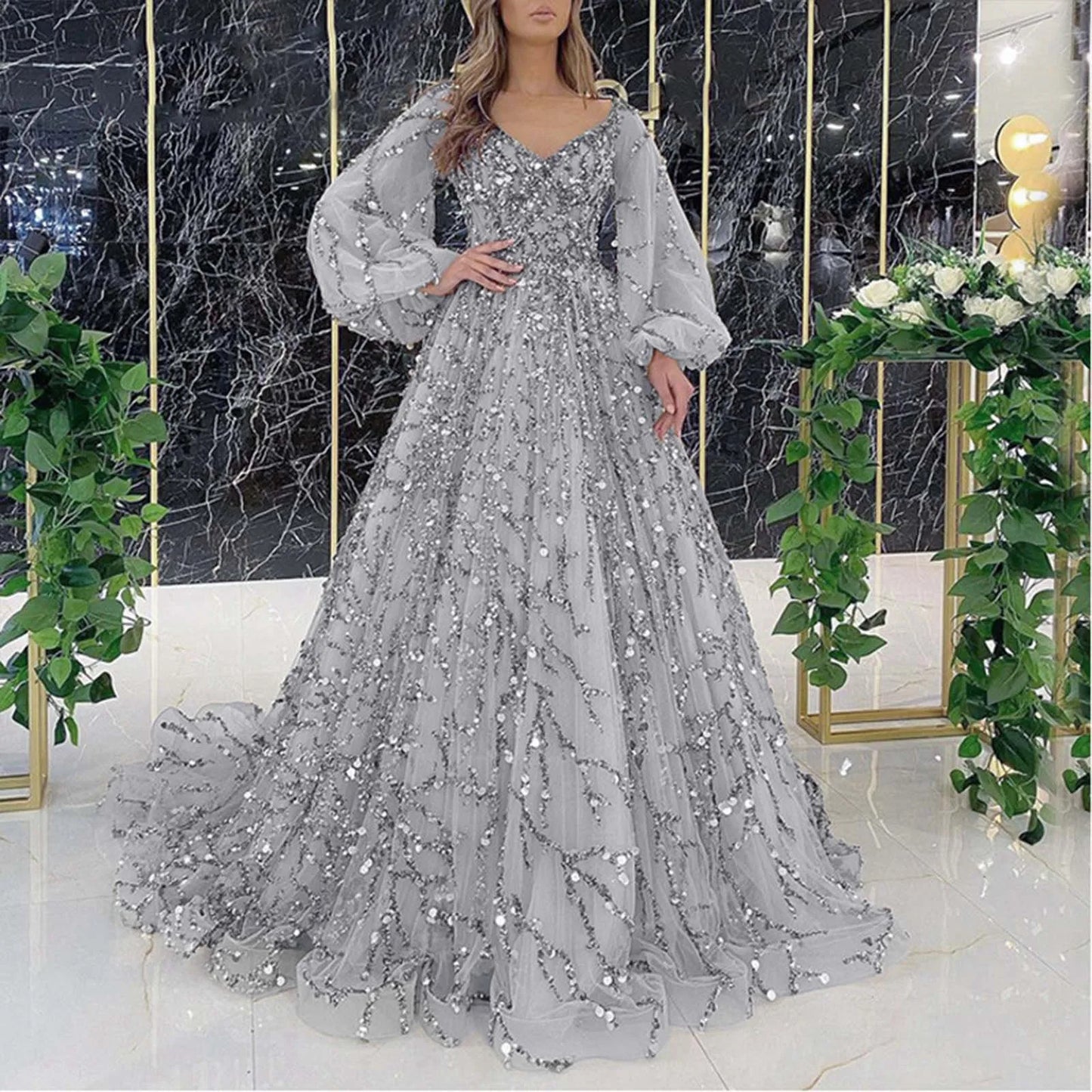 LVSANW Women Evening Dress Shiny Sequin Beading Padded Floor Length Mesh Double-layered Cocktail Party Long Dress Formal Prom Gown