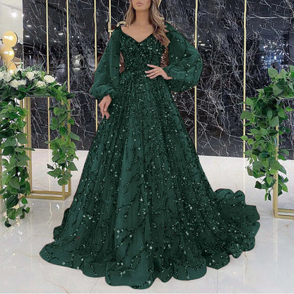 LVSANW Women Evening Dress Shiny Sequin Beading Padded Floor Length Mesh Double-layered Cocktail Party Long Dress Formal Prom Gown