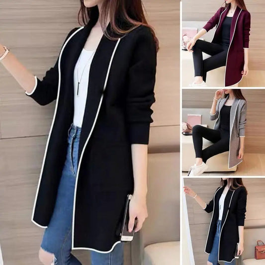 LVSANW Women Fall Winter Jacket Mid Length Open Stitch Cardigan Long Sleeve Coat Solid Color Loose Pockets Lapel Lady Outerwear