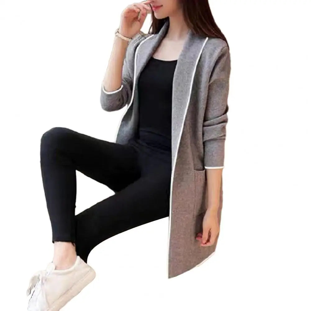 LVSANW Women Fall Winter Jacket Mid Length Open Stitch Cardigan Long Sleeve Coat Solid Color Loose Pockets Lapel Lady Outerwear