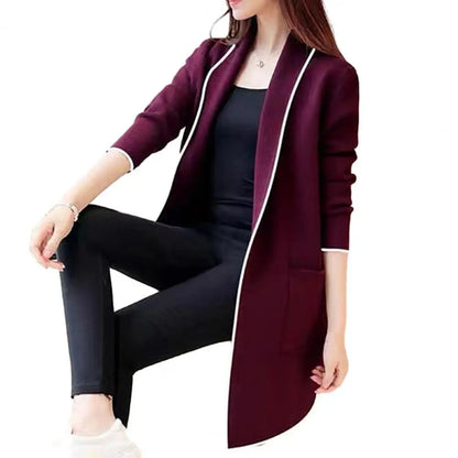 LVSANW Women Fall Winter Jacket Mid Length Open Stitch Cardigan Long Sleeve Coat Solid Color Loose Pockets Lapel Lady Outerwear