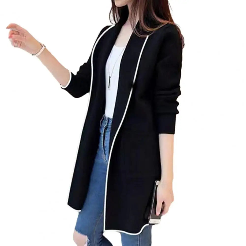 LVSANW Women Fall Winter Jacket Mid Length Open Stitch Cardigan Long Sleeve Coat Solid Color Loose Pockets Lapel Lady Outerwear