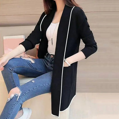 LVSANW Women Fall Winter Jacket Mid Length Open Stitch Cardigan Long Sleeve Coat Solid Color Loose Pockets Lapel Lady Outerwear