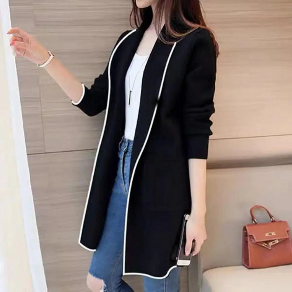 LVSANW Women Fall Winter Jacket Mid Length Open Stitch Cardigan Long Sleeve Coat Solid Color Loose Pockets Lapel Lady Outerwear