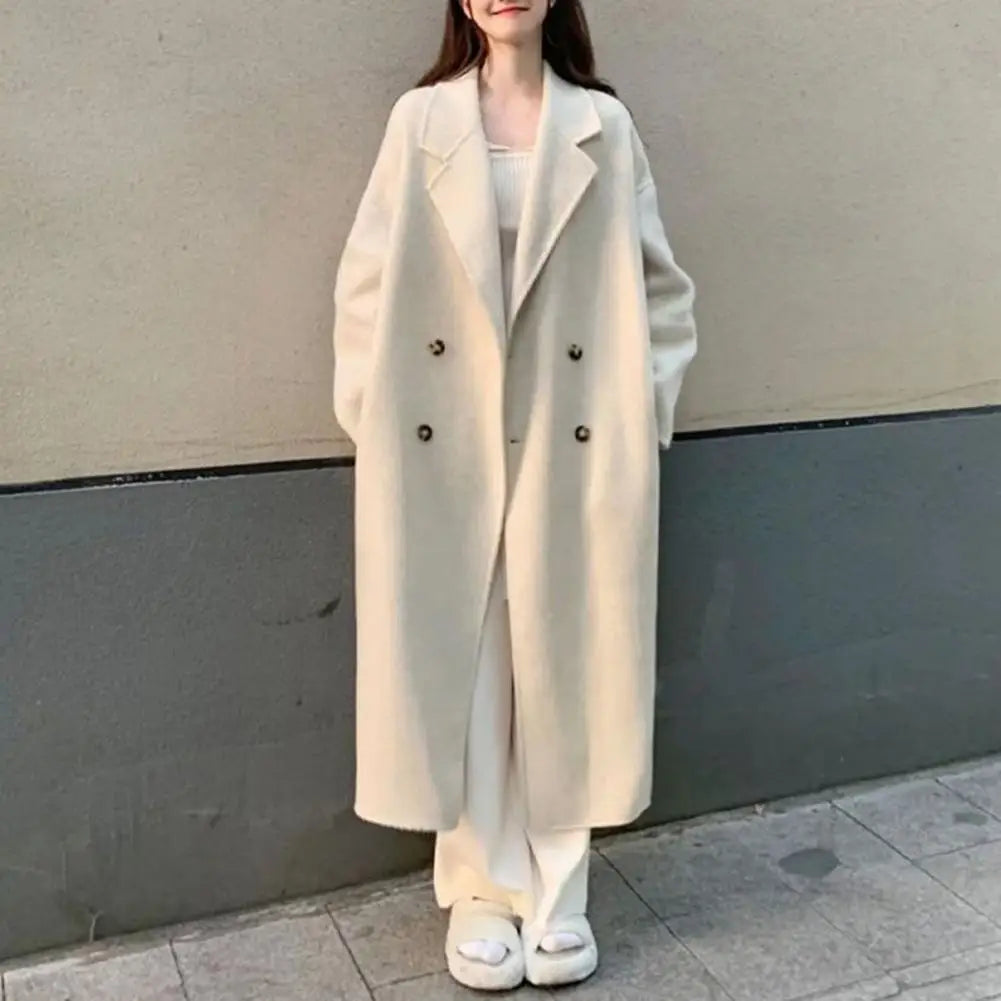 LVSANW Women Fall Winter Overcoat Loose Lapel Thickened Windproof Warm Double-breasted Pockets Long Sleeve Lady Mid Length Trench Coat