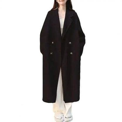 LVSANW Women Fall Winter Overcoat Loose Lapel Thickened Windproof Warm Double-breasted Pockets Long Sleeve Lady Mid Length Trench Coat