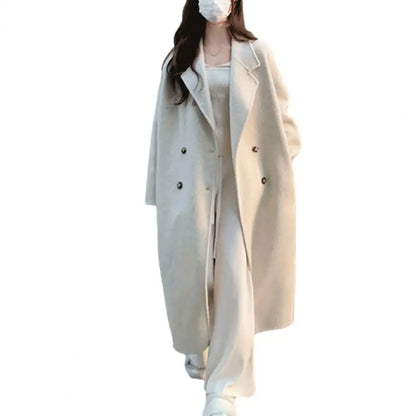 LVSANW Women Fall Winter Overcoat Loose Lapel Thickened Windproof Warm Double-breasted Pockets Long Sleeve Lady Mid Length Trench Coat