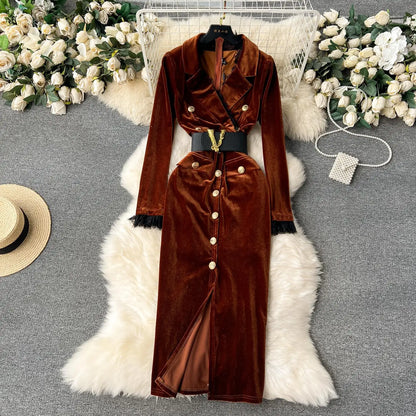 LVSANW Women Fashion Bodycon Elegant Velvet Dress Long Sleeve Single Breasted Notched Casual Party Vestidos Female Autumn Clothes Robe