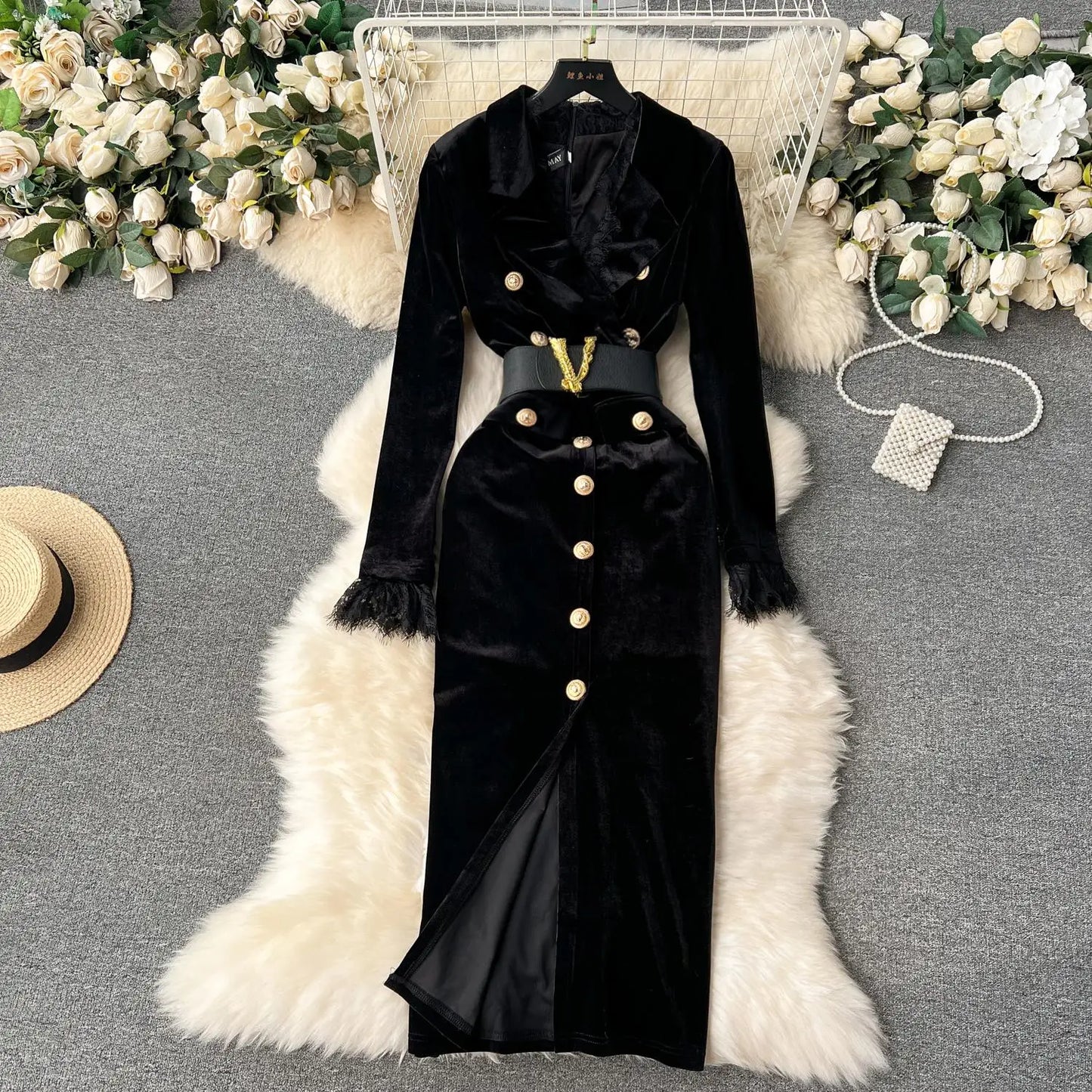 LVSANW Women Fashion Bodycon Elegant Velvet Dress Long Sleeve Single Breasted Notched Casual Party Vestidos Female Autumn Clothes Robe