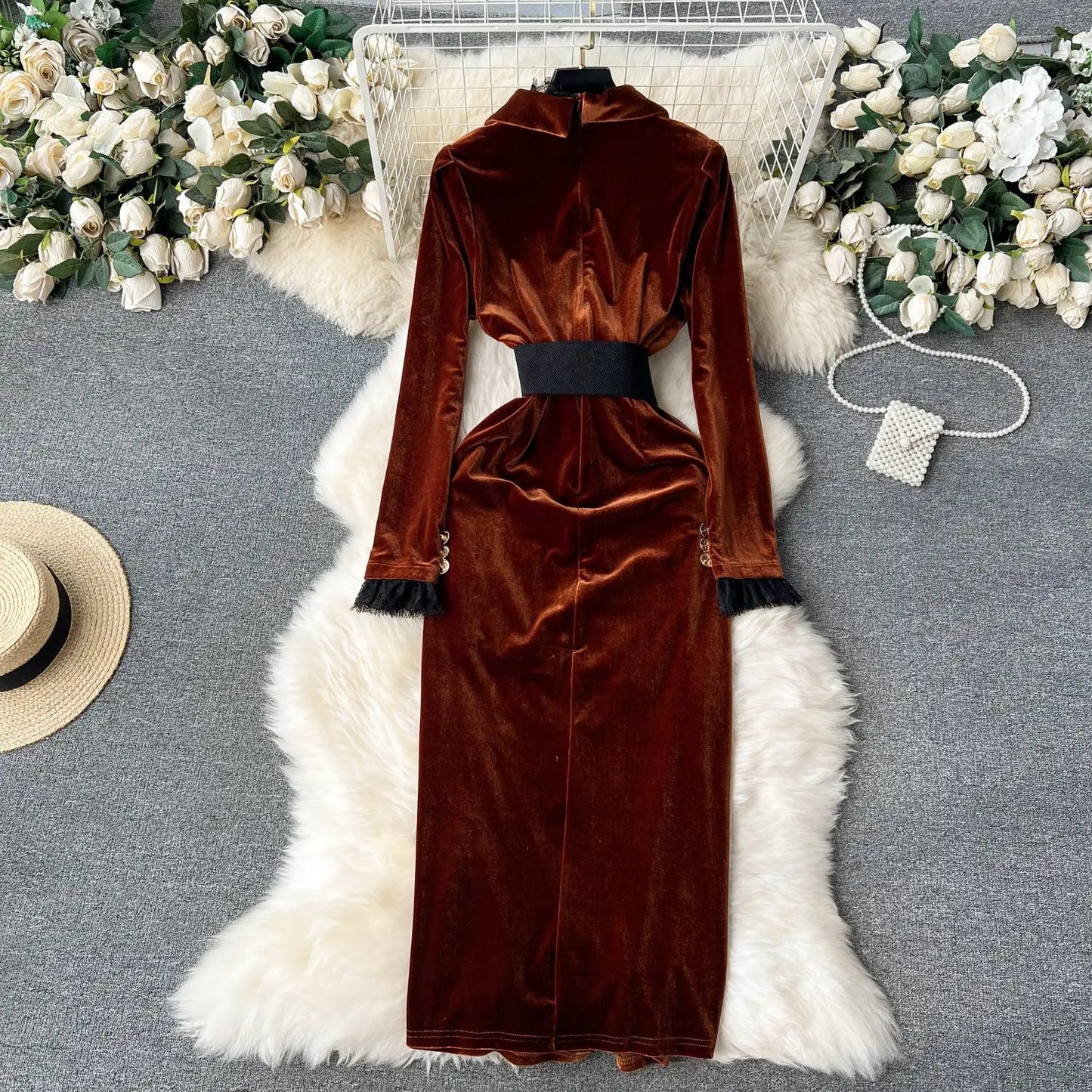 LVSANW Women Fashion Bodycon Elegant Velvet Dress Long Sleeve Single Breasted Notched Casual Party Vestidos Female Autumn Clothes Robe