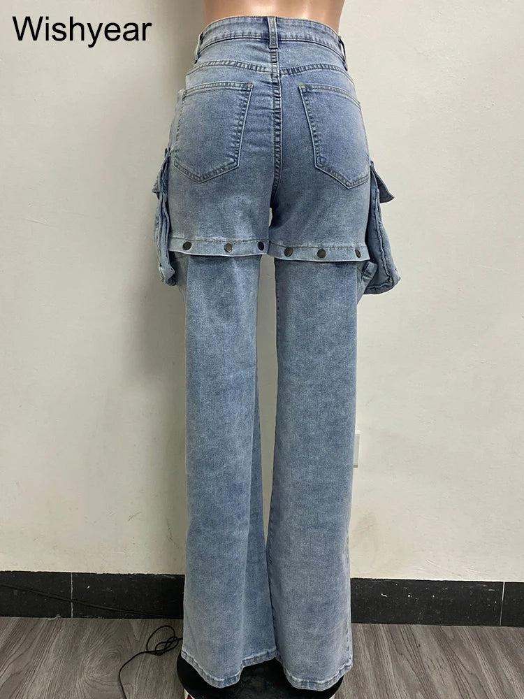 LVSANW omen Fashion Designer Button Fly High Waist 3D Pockets Jeans Casual Straight Trousers Detachable As Shorts Denim Cargo Pants