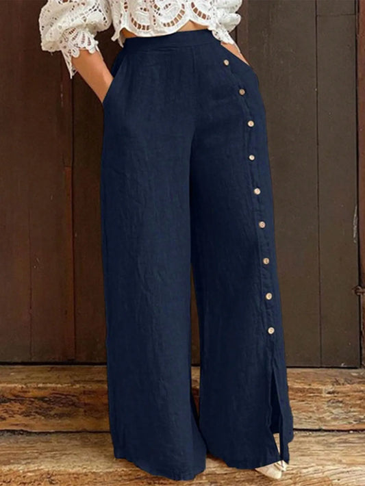 LVSANW Women Fashion Elastic Waist Wide Leg Pants Button Decor Casual Solid Loose Female Elegant Long Trousers With Pockets