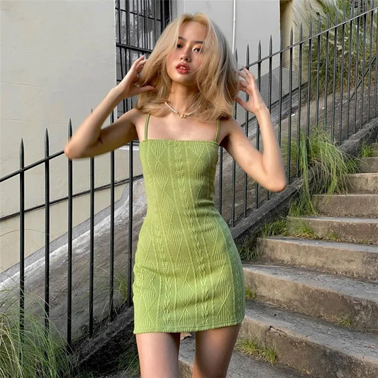 LVSANW Women Fashion Elegant Streetwear Strap Mini Dress Summer New Solid Green Knit Stretch Slim Office Lady Dresses