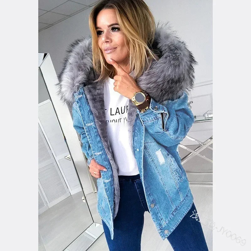 LVSANW Women Fashion Long Sleeve Denim Jacket Faux Fur Collar Hooded Coat Autumn Winter Warm Thicken Wool Lining Denim Coat Outerwear