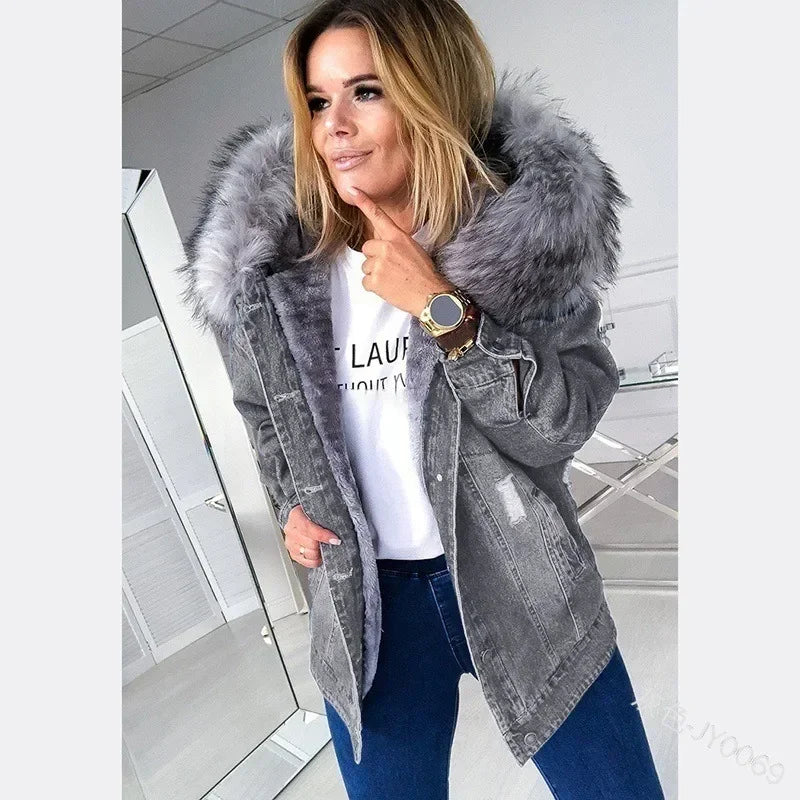 LVSANW Women Fashion Long Sleeve Denim Jacket Faux Fur Collar Hooded Coat Autumn Winter Warm Thicken Wool Lining Denim Coat Outerwear