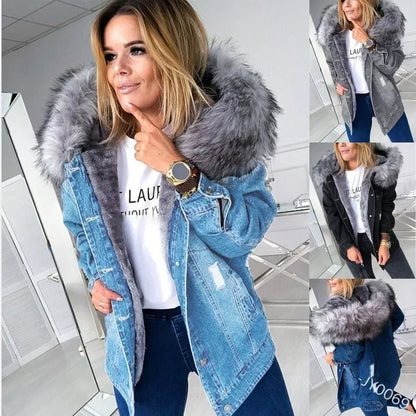 LVSANW Women Fashion Long Sleeve Denim Jacket Faux Fur Collar Hooded Coat Autumn Winter Warm Thicken Wool Lining Denim Coat Outerwear