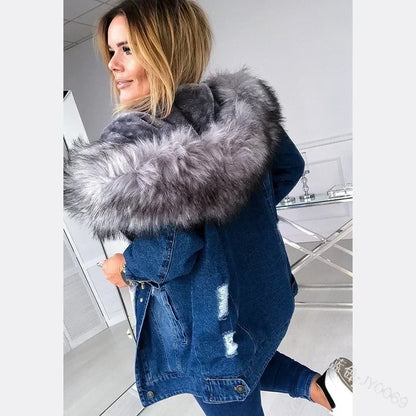 LVSANW Women Fashion Long Sleeve Denim Jacket Faux Fur Collar Hooded Coat Autumn Winter Warm Thicken Wool Lining Denim Coat Outerwear