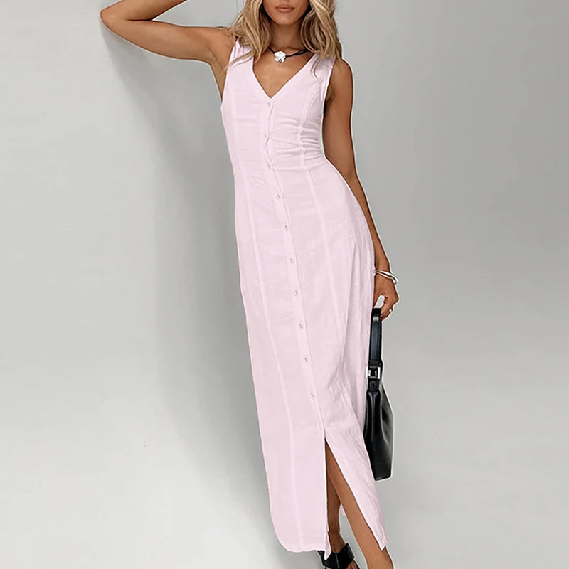 LVSANW Women Fashion Sleeveless Solid Cotton Dress Spring V Neck Single Breasted Long Dress Summer Solid Slim Fit Front Boho Maxi Dress