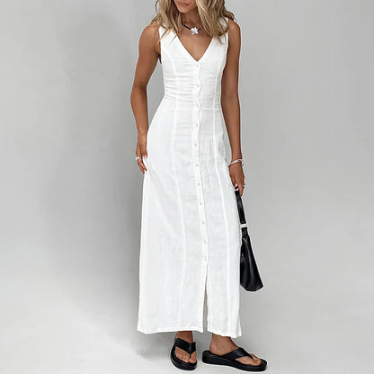 LVSANW Women Fashion Sleeveless Solid Cotton Dress Spring V Neck Single Breasted Long Dress Summer Solid Slim Fit Front Boho Maxi Dress