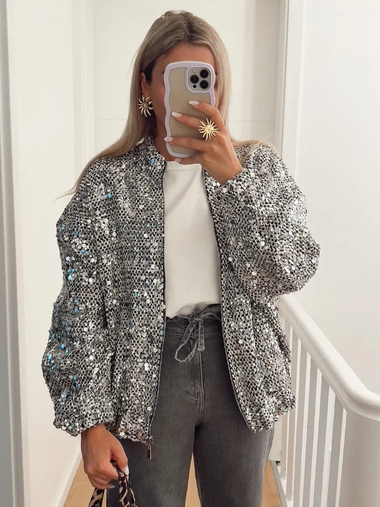 LVSANW Women Fashion Sliver Sequins Patchwork Short Coats Elegant Zipper Stretch Hem Bomber Jacket 2025 New High Street Female Outwear