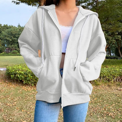 LVSANW Women Fashion Solid Color Hoodies Elegant Long Sleeve Zipper Drawstring Chic Sweatshirt Casual Communte Holiday Pocket Hooded