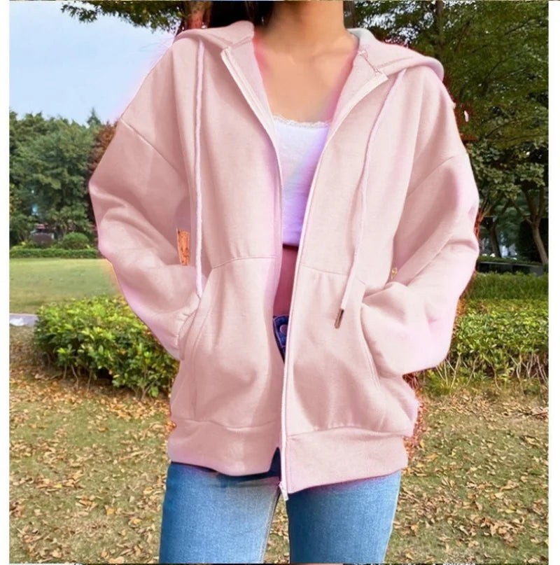 LVSANW Women Fashion Solid Color Hoodies Elegant Long Sleeve Zipper Drawstring Chic Sweatshirt Casual Communte Holiday Pocket Hooded