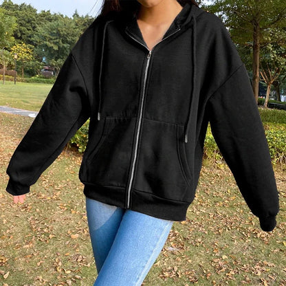 LVSANW Women Fashion Solid Color Hoodies Elegant Long Sleeve Zipper Drawstring Chic Sweatshirt Casual Communte Holiday Pocket Hooded