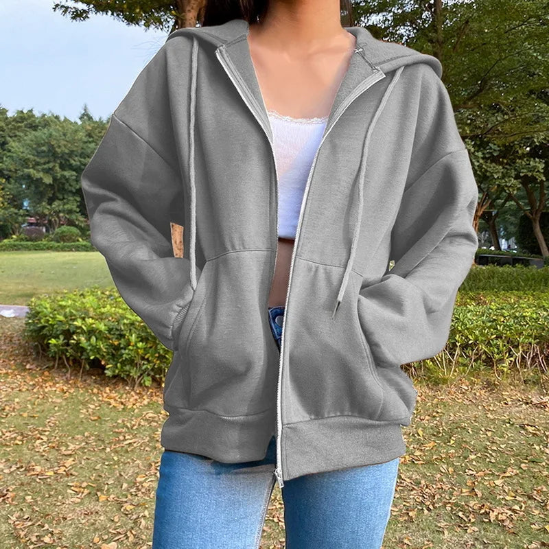 LVSANW Women Fashion Solid Color Hoodies Elegant Long Sleeve Zipper Drawstring Chic Sweatshirt Casual Communte Holiday Pocket Hooded