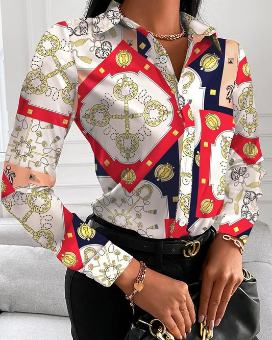 LVSANW Women Fashion Wild Shirts Chain/Floral/Letter/Geometric Square Print Turn-Down Collar Long Sleeve Blouses