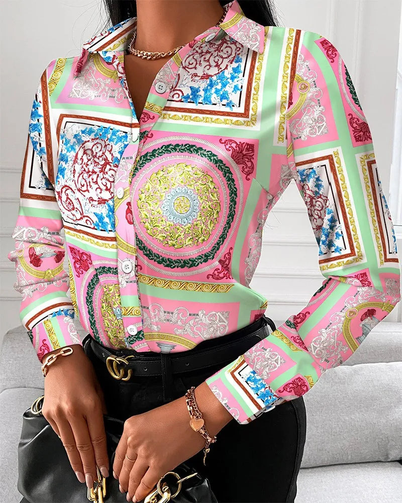 LVSANW Women Fashion Wild Shirts Chain/Floral/Letter/Geometric Square Print Turn-Down Collar Long Sleeve Blouses