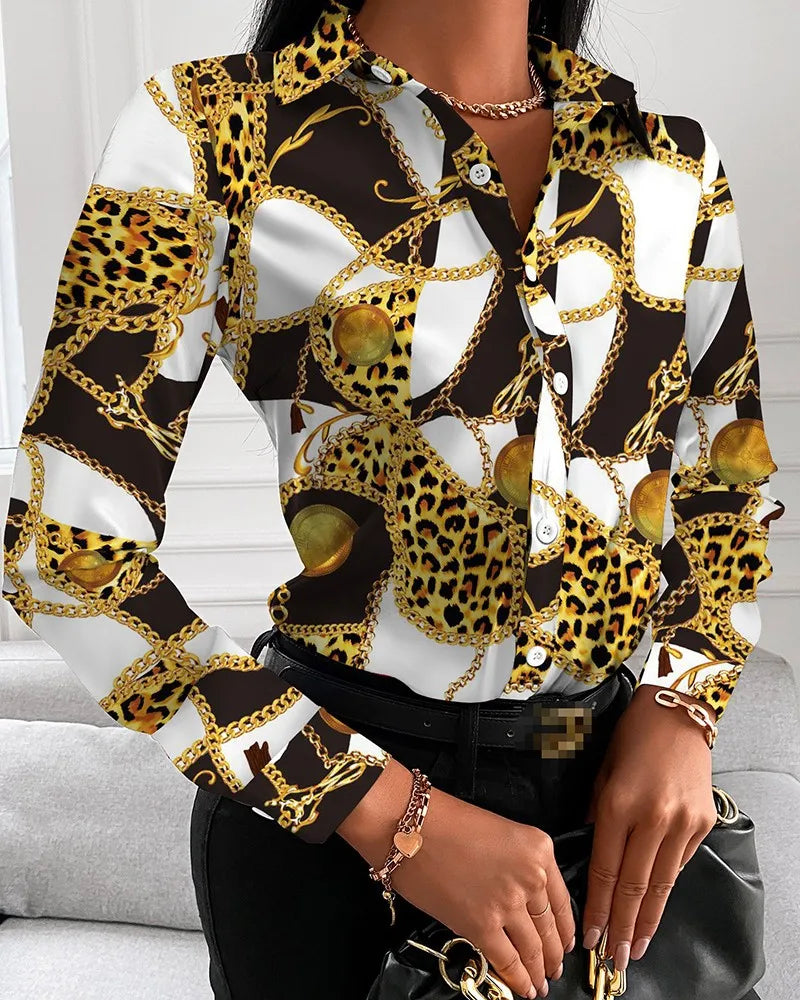 LVSANW Women Fashion Wild Shirts Chain/Floral/Letter/Geometric Square Print Turn-Down Collar Long Sleeve Blouses