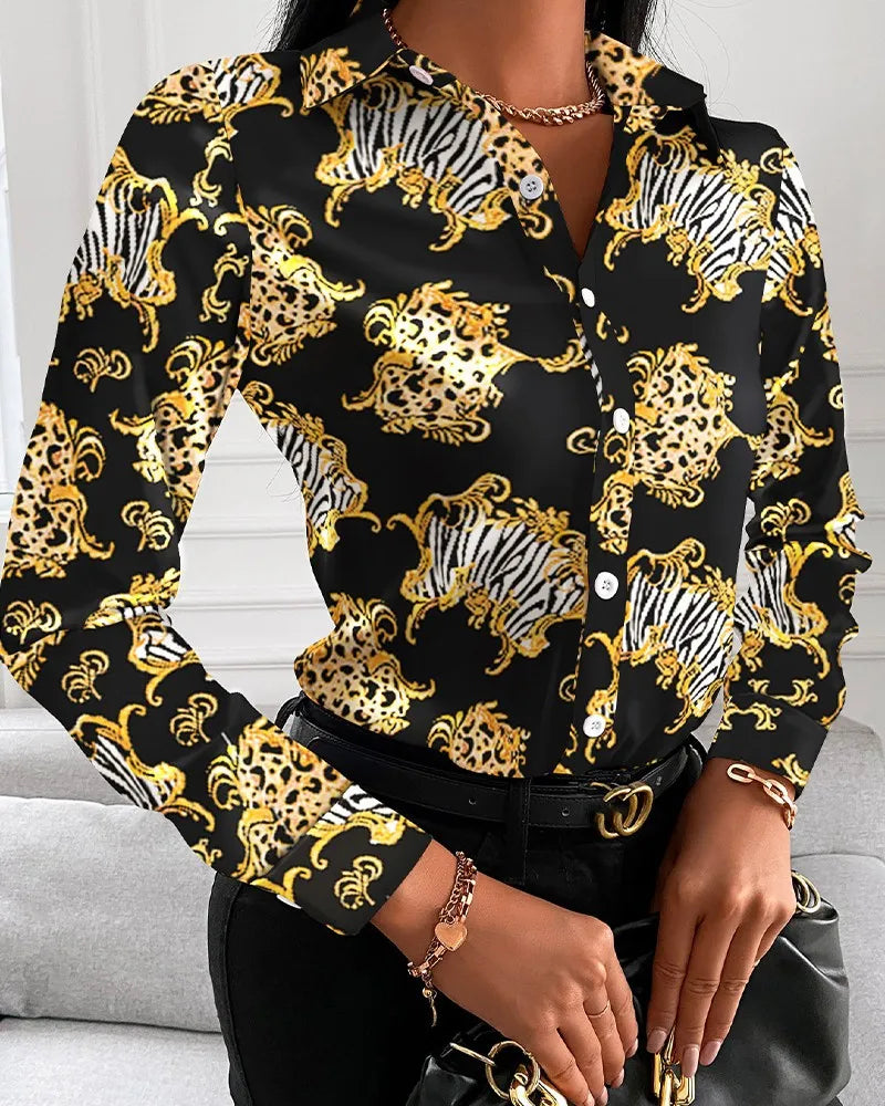 LVSANW Women Fashion Wild Shirts Chain/Floral/Letter/Geometric Square Print Turn-Down Collar Long Sleeve Blouses