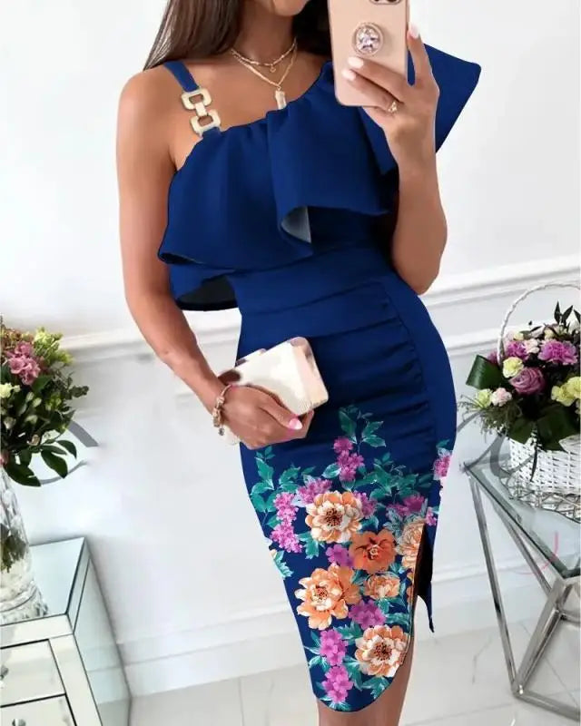 LVSANW Women Flower Printed Sling Dresses Off Shoulder Dresses Woman Party Night Sleeveless Slim Fit Waist Dressde GraduacióN