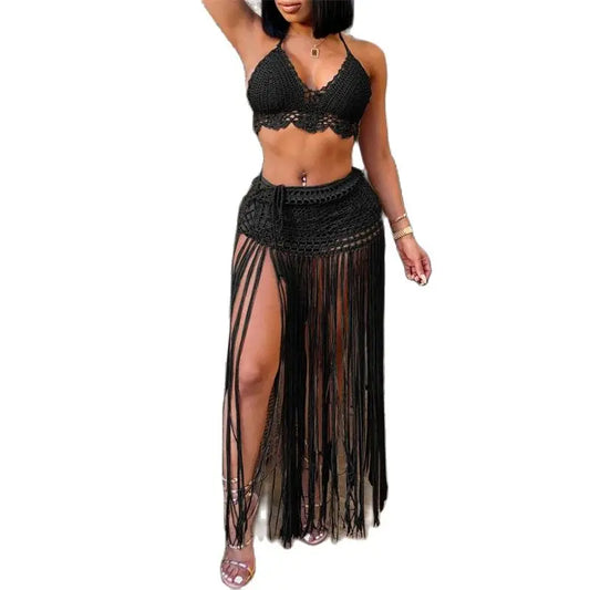 LVSANW Women Hand Knit Two Piece Sets Hanging Neck Backless Bikini Top Wrap Hip Skirt Splicing Extra Long Fringe Female Beach Suits New