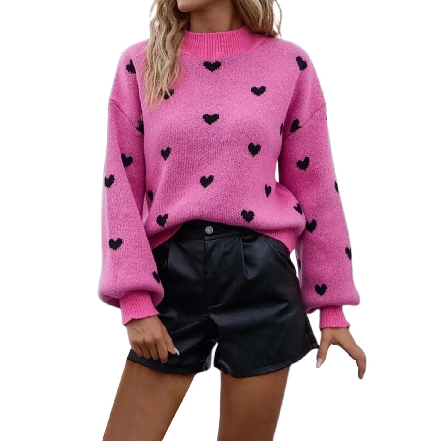 LVSANW Women Heart Print Knitted Sweater Autumn Winter Loose Sweater Elegant Knitwears Jumper Valentine'S Day Tops