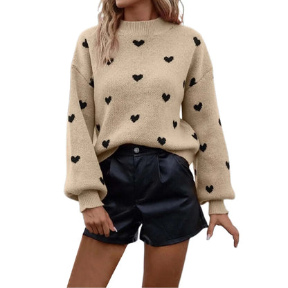 LVSANW Women Heart Print Knitted Sweater Autumn Winter Loose Sweater Elegant Knitwears Jumper Valentine'S Day Tops